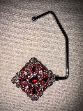 Red Crystal Filigree Purse Hook - Elegant Ruby & Silver Folding Handbag Holder